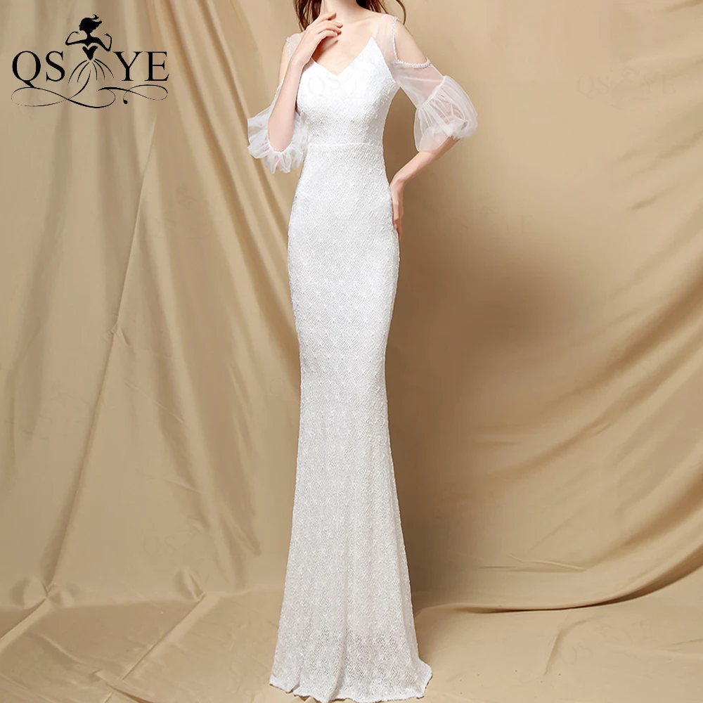 Pailletten Weiß Hochzeit Kleid Perlen Nude Lange Laterne Cut Open Ärmeln Brautkleid V Neck Mermaid Backless Braut Kleid Ehe