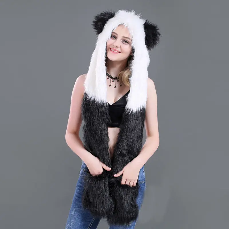 Fuzzy Fluffy Women Winter Animal Wolf Cat Ear Hat Beanies with Mittens Gloves Plush Beanie