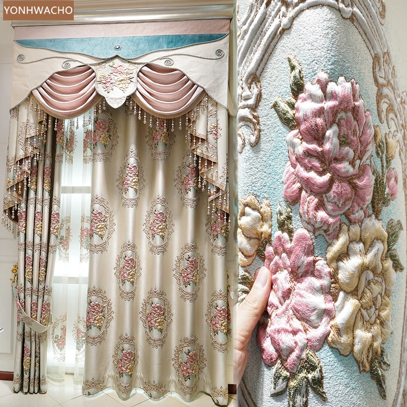 

Custom curtains European palace luxury 3d relief living room bedroom beige cloth blackout curtain valance tulle drape C881