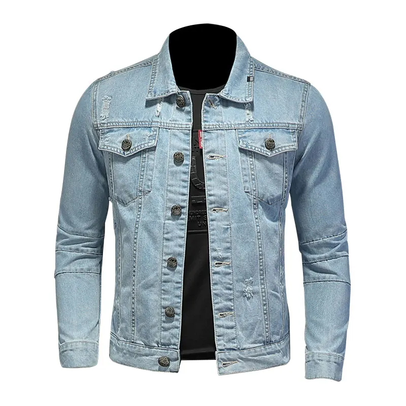 

2021 Denim Jacket Men Jeans Coats Lapel Long Sleeve Single-Breasted Slim Motorcycle Bomber Light Blue Casual Outwear Clothing