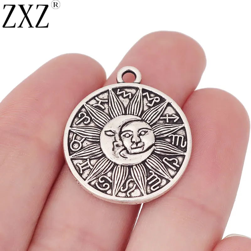 ZXZ 10pcs Tibetan Silver Sun Moon Zodiac Sign Charms Pendants for Necklace Earring Jewelry Making Accessories 25x25mm