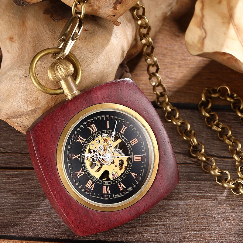 Wooden Mechanical Pocket Watch for Men Antique Golden Red Sandalwood Wood Case Gold Back Engraved Fob Chain Clock Dropshipping