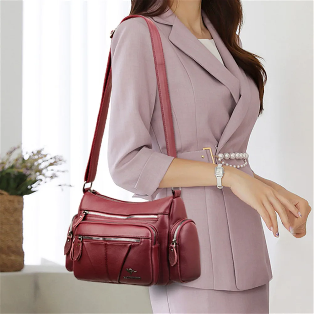 Casual Multipocket Designer Ladies Shoulder Bags High Quality Leather Women Messenger Bags Solid Color Phone Bag Travel Bags