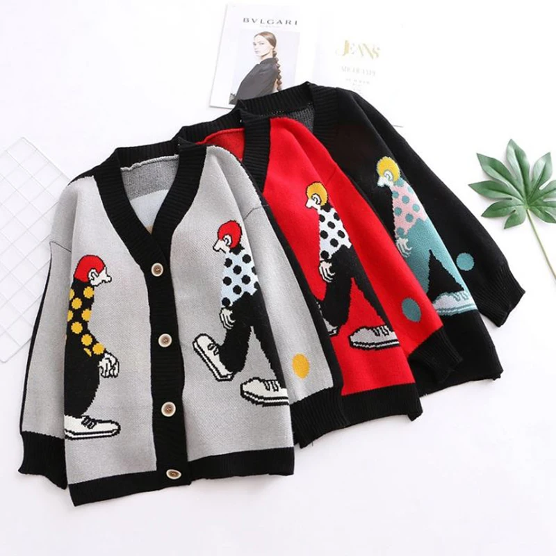 

Szblaze 2019 Autumn And Winter The New Japanese-style V-neck Cardigan Button Cartoon Villain Doodle Loose Sweater Women's Jacket