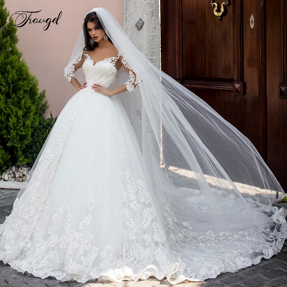 Traugel ilusão colher uma linha de renda vestidos de casamento applique 3/4 manga sem costas vestido de noiva capela trem vestido de noiva mais tamanho