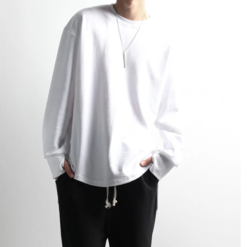 

Men's T-shirt Chunqiu long sleeve T-shirt Korean fashion irregular bottom with loose round neck long sleeve men's fashion