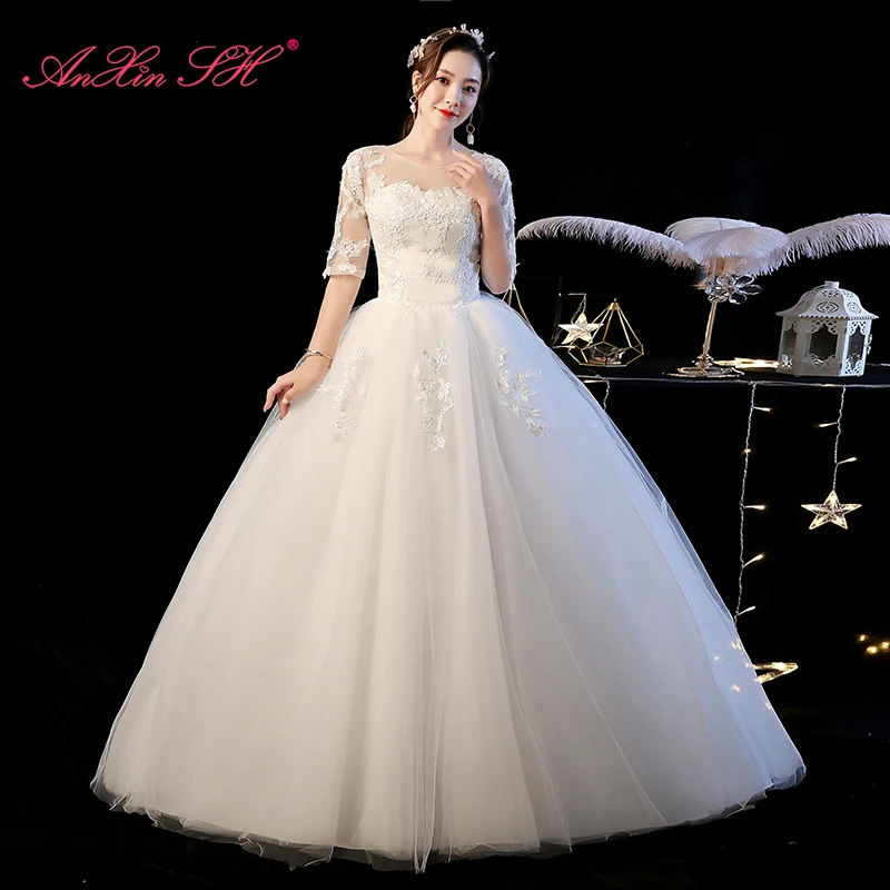 AnXin SH vintage princess flower bride party o neck flower lace illusion half sleeve turkey white customized wedding dress