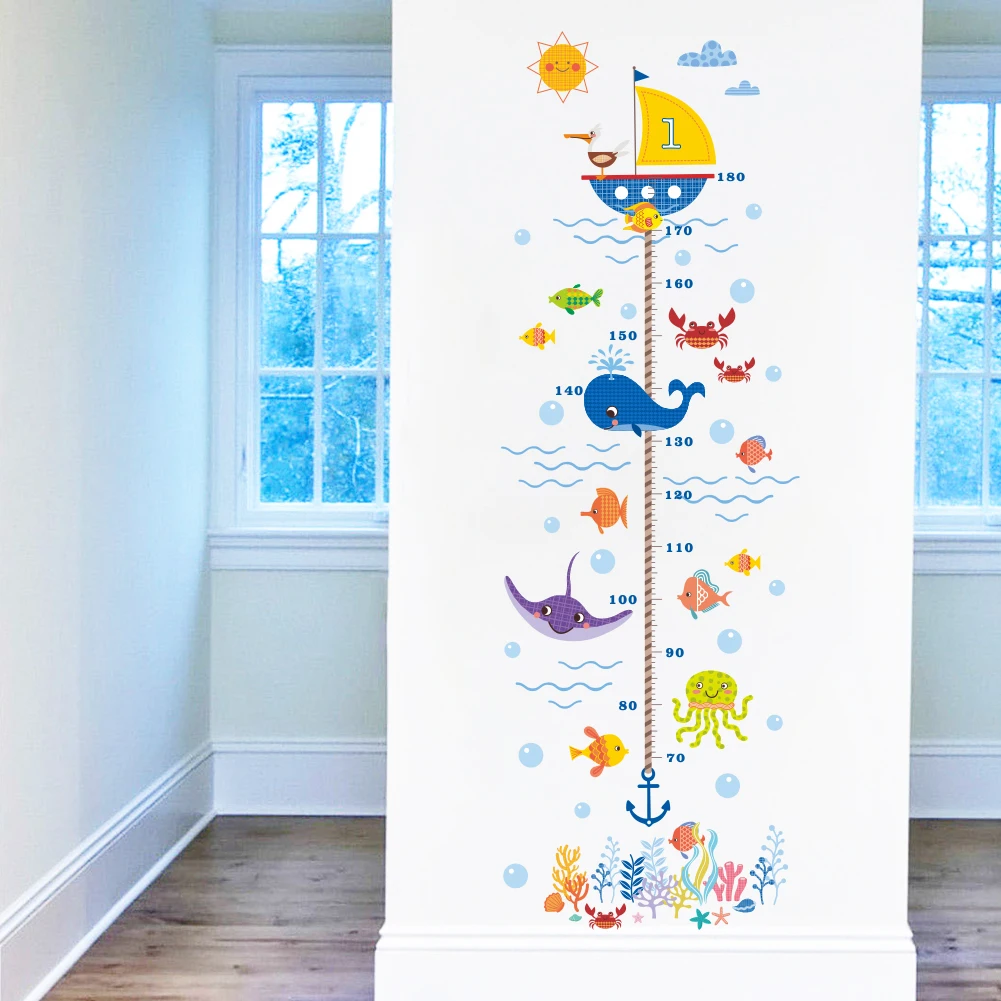 Creative Height Growth Chart Wall Sticker Kids Boys Girls Underwater Sea Fish Anchor Finding  Decorative Decal Poster