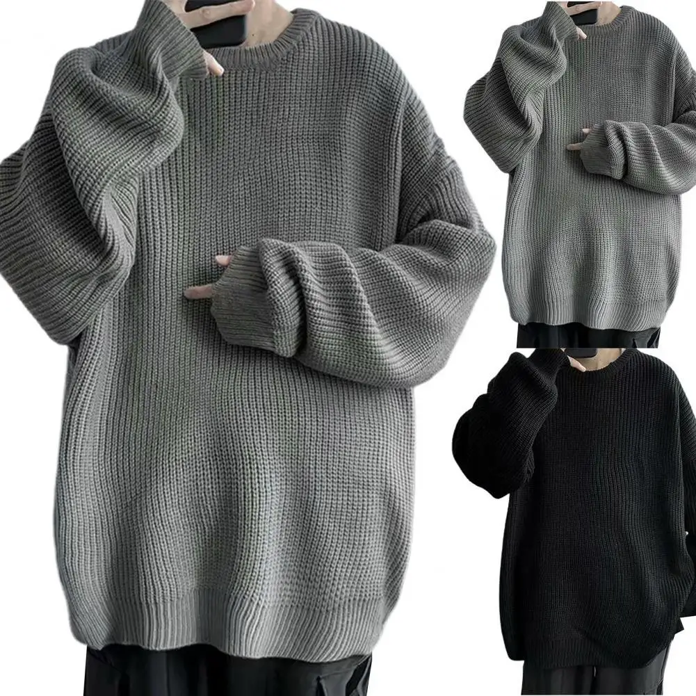 O Neck Men Sweater Solid Color Long Sleeves Oversized Knitted Fall Sweater Streetwear blusa de frio masculino sueter masculino