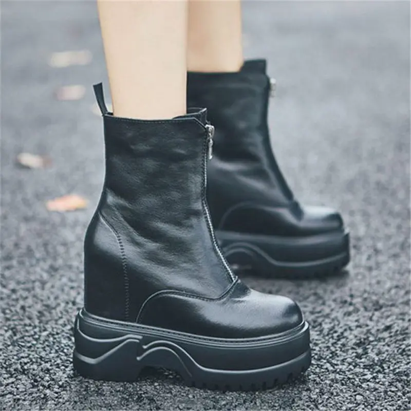 Women Cow Leather Round Toe Ankle Boots Platform Wedge High Heel Front Zip Military Combat Motorcycle Creepers Casual Shoes