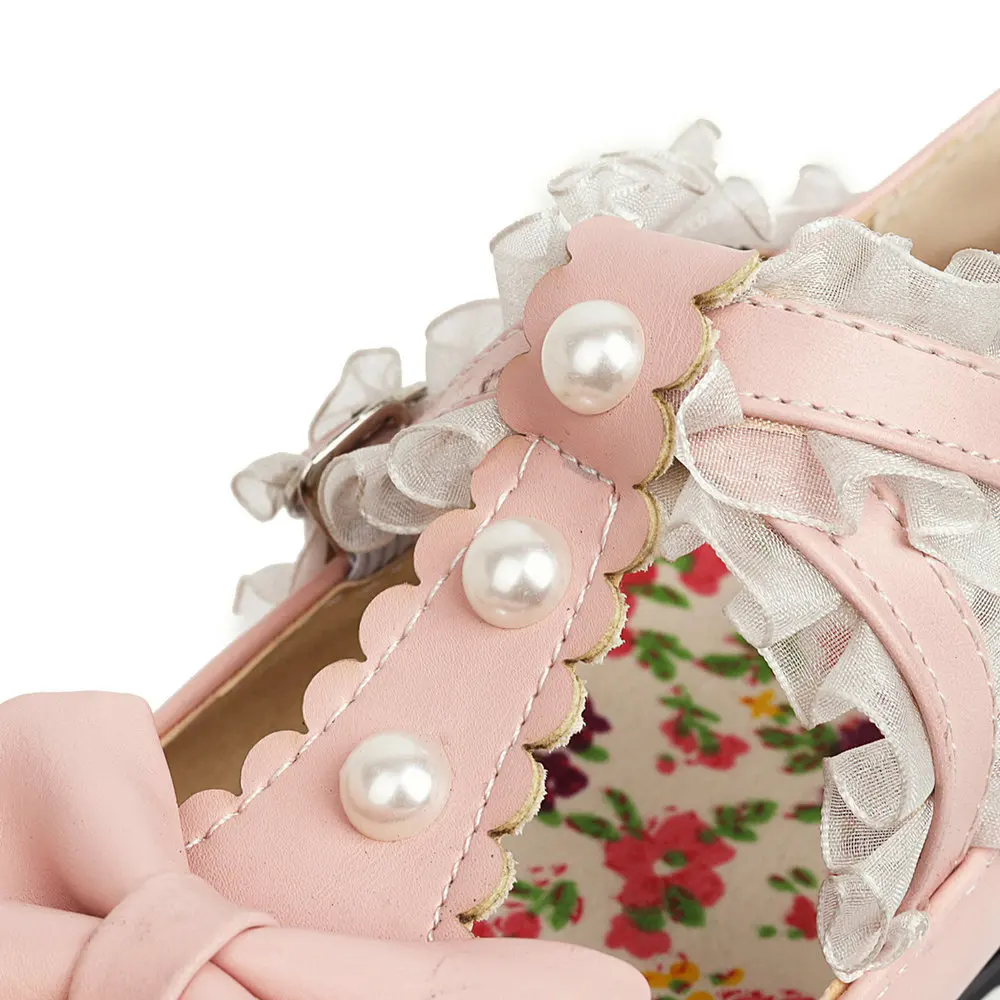 Women Fashion Flats Heel Bow Pearl Buckle Strap Lace Ruffles Round Toe Elegant Cosplay Lolita Mary Janes Shoes Dropshipping