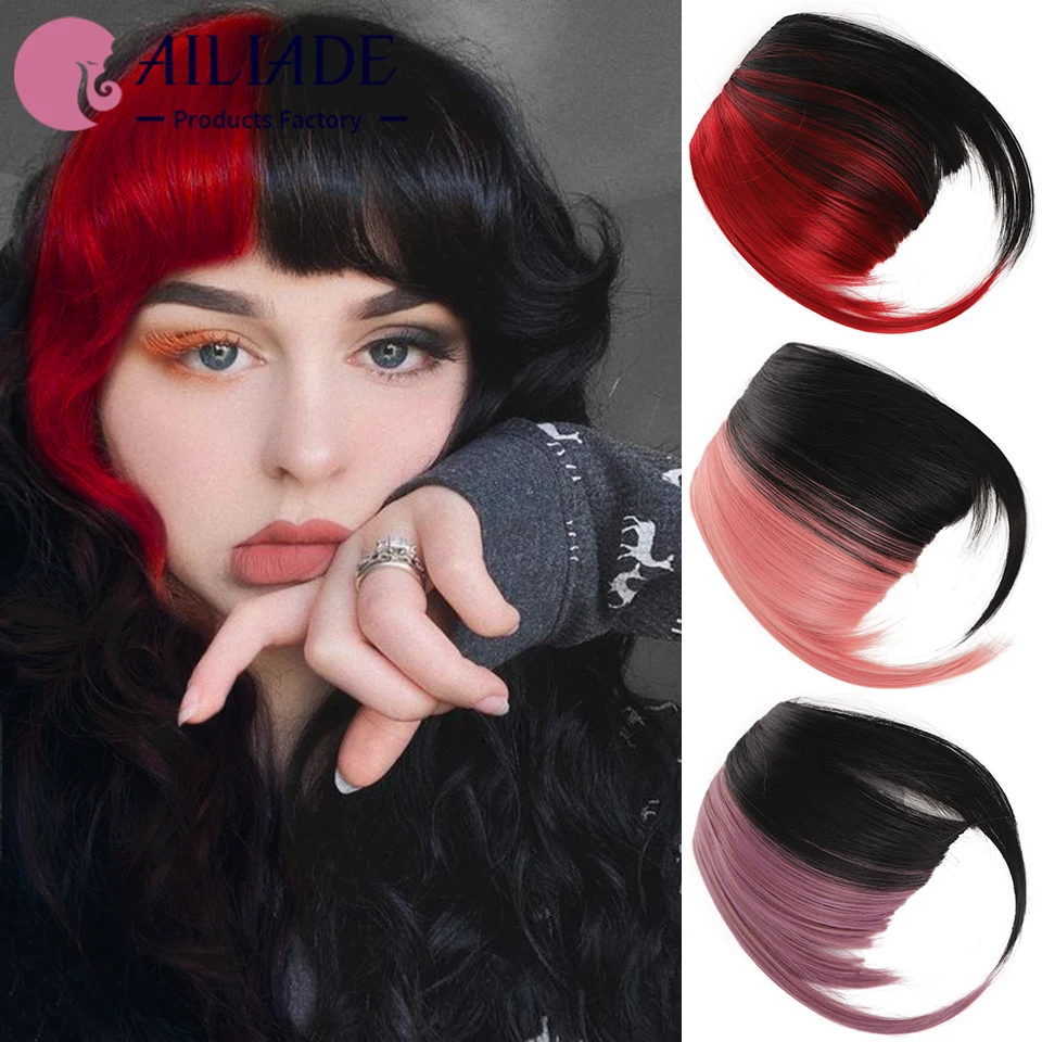 

AILIADE Synthetic Bangs for Women Black Red Pink Stitching Heat Resistant Hairpieces Short Fake Hair Bangs Hair Clips Extensions