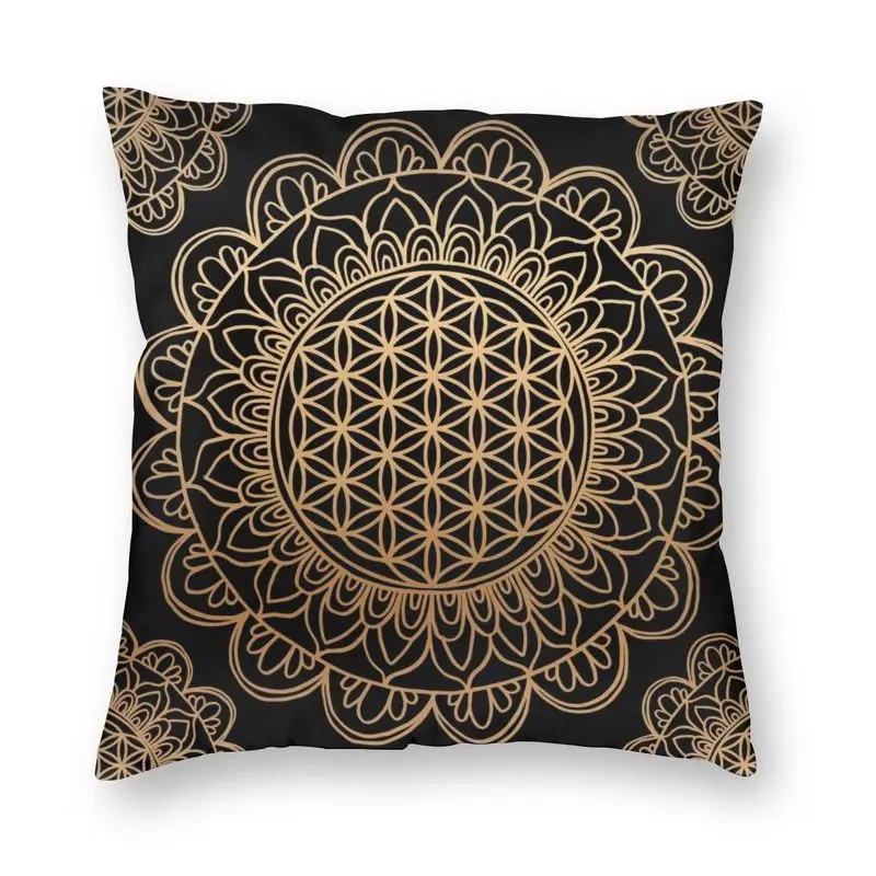 Flower Of Life Mandala Black Gold Cushion Cover 45x45cm Home Decor Print Sacred Geometry Throw Pillow Case for Sofa Double Side