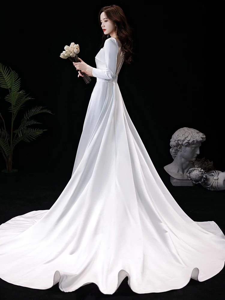 Vestido De Novia 새틴 긴 소매 드레스 로브 드 Mariee 웨딩 드레스 платье 웨딩 파티 свадебные платья 신부