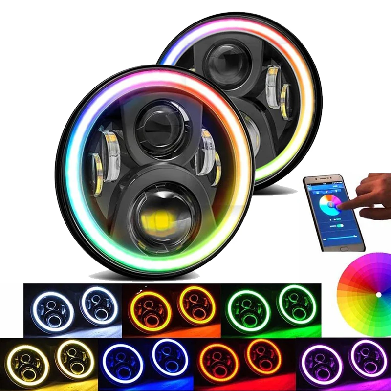 

Auto Car 7" inch Round Headlight Kits For VW Beetle Classic 1950-1979 W/ Bluetooth RGB DRL Halo Ring Hi/Low Beam DOT Approved