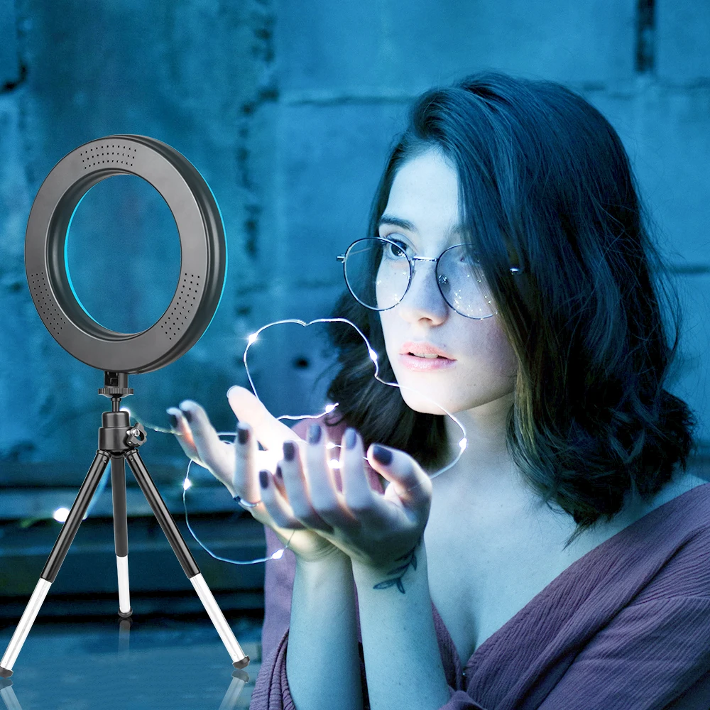 SH 6 بوصة Selfie RGB LED مصباح مصمم على شكل حلقة 3000-6500K مع حامل ثلاثي القوائم للبث المباشر/المكياج/يوتيوب/التصوير الفوتوغرافي/تسجيل الفيديو