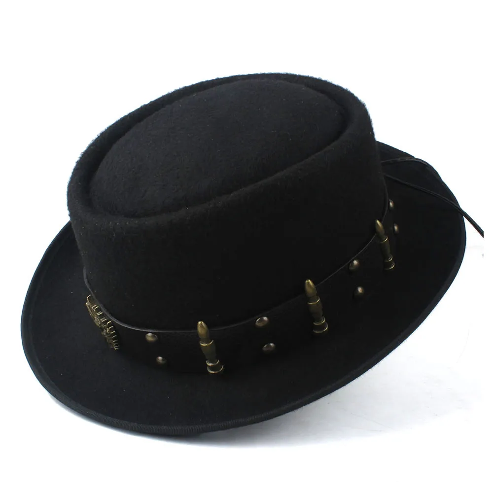 Pork Pie Hat for Men Women with Punk Belt Fashion Wool Fedora Trilby Fascinator Hat Pop Church Hat Size 58CM