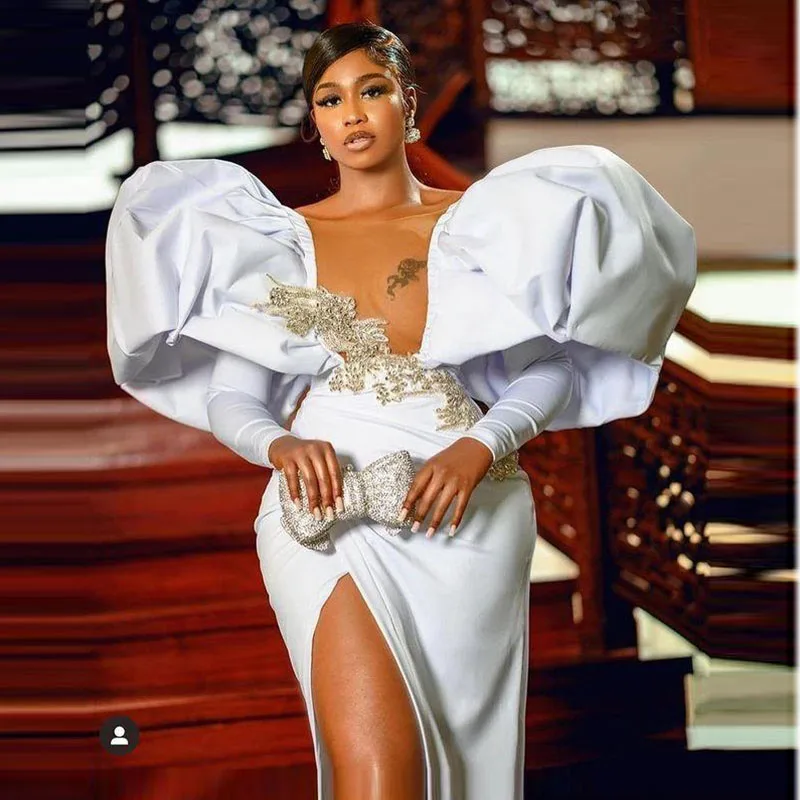 Sexy Puffy Long Sleeves Mermaid Prom Dresses Sheer Neck Plus Size Mermaid Evening Gowns Side Split Aso Ebi Women Party Dress