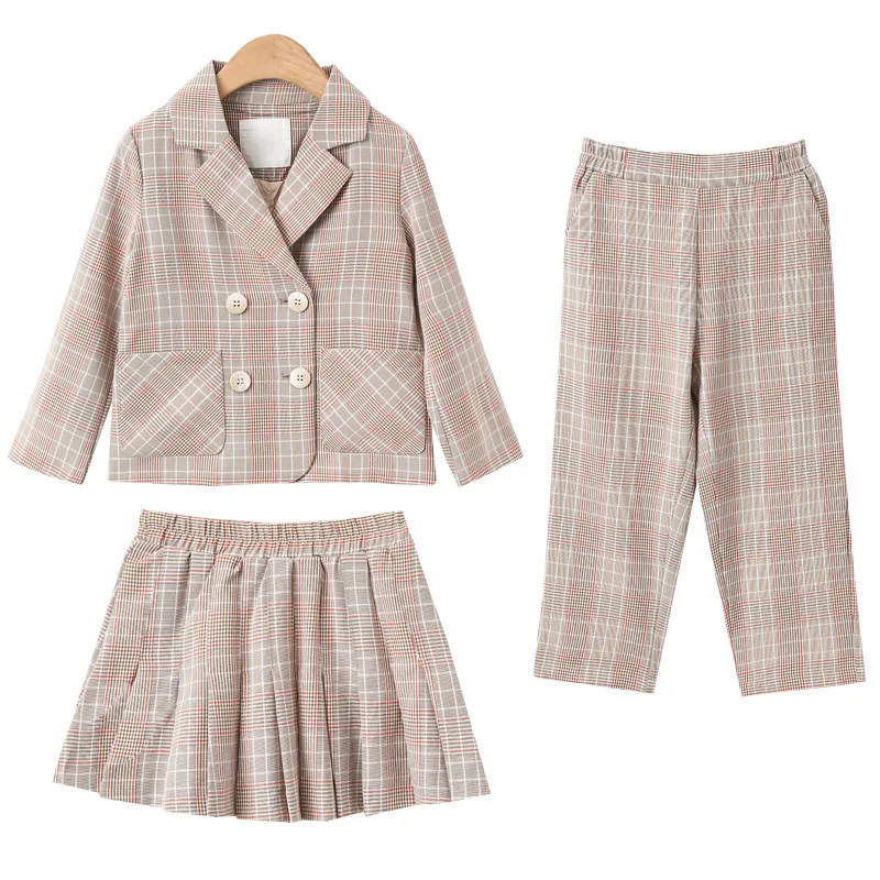 Blazers Suit for Girls Autumn Plaid Jackets Pants Pleated Skirt Two Pieces School Uniform Children Clothes Formal Wear 10 12 Y