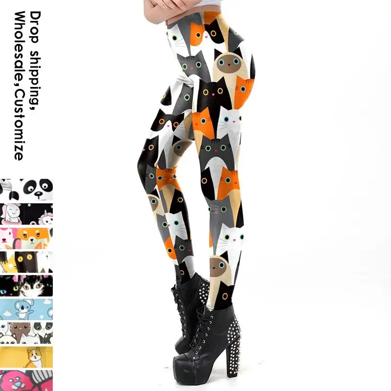 NADANBAO New Cartoon Women Leggings Cat Print Elastic Fitness Leggins High Quality Polyester Mid Waist Legins Spring