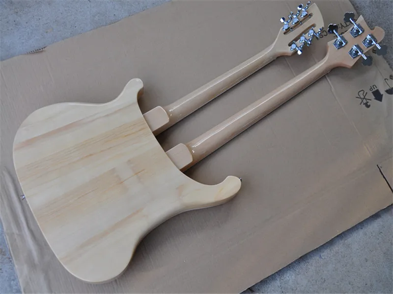 Double neck Natural wood color Electric Bass Guitar with White Pickguard,Chrome Hardware,Provide custom service