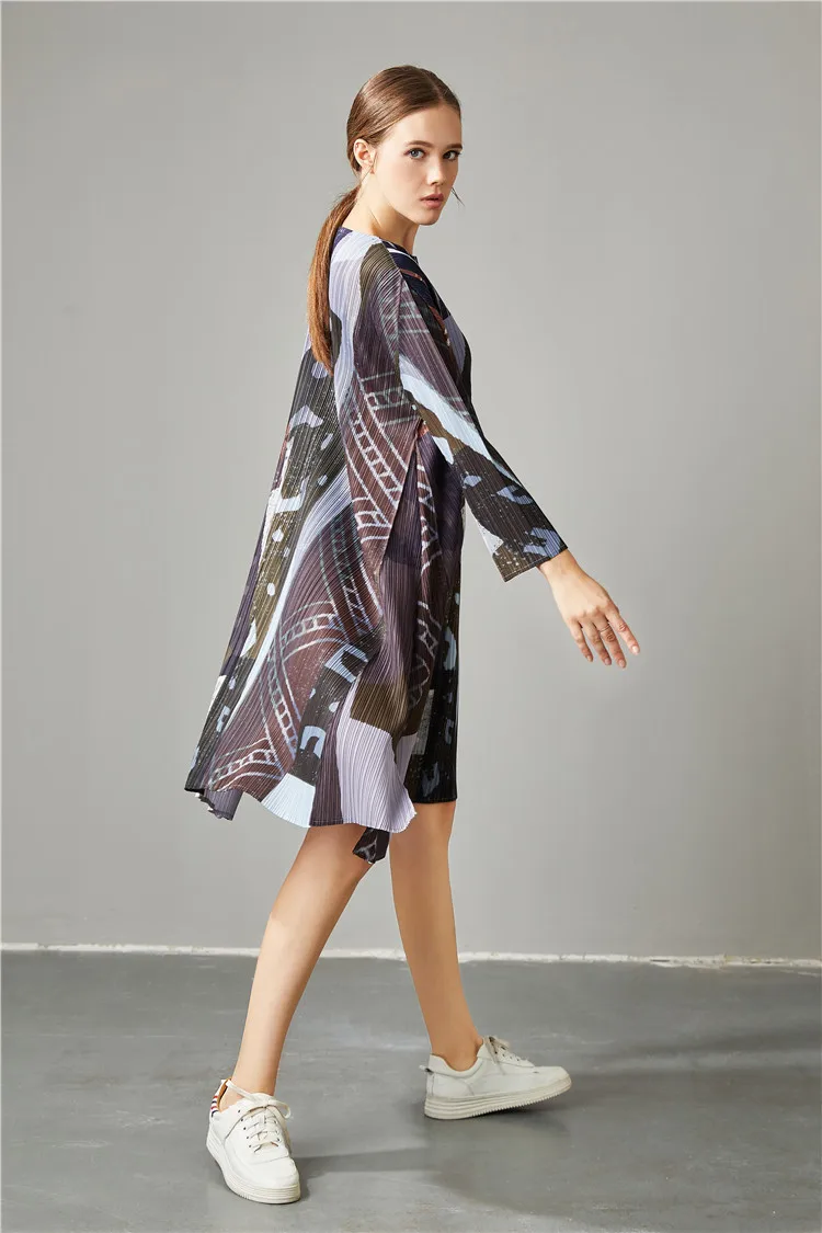 

New Women's Dress Spring And Summer Printing Fashion Long Sleeve Medium Length Pleated Dress