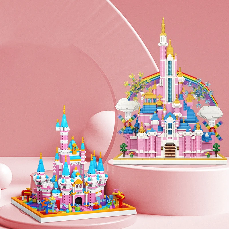 Rainbow Castle Diamond Building Blocks Disney Princess Magic Castle Micro Bricks Figures Dream Toys For Kid Gift