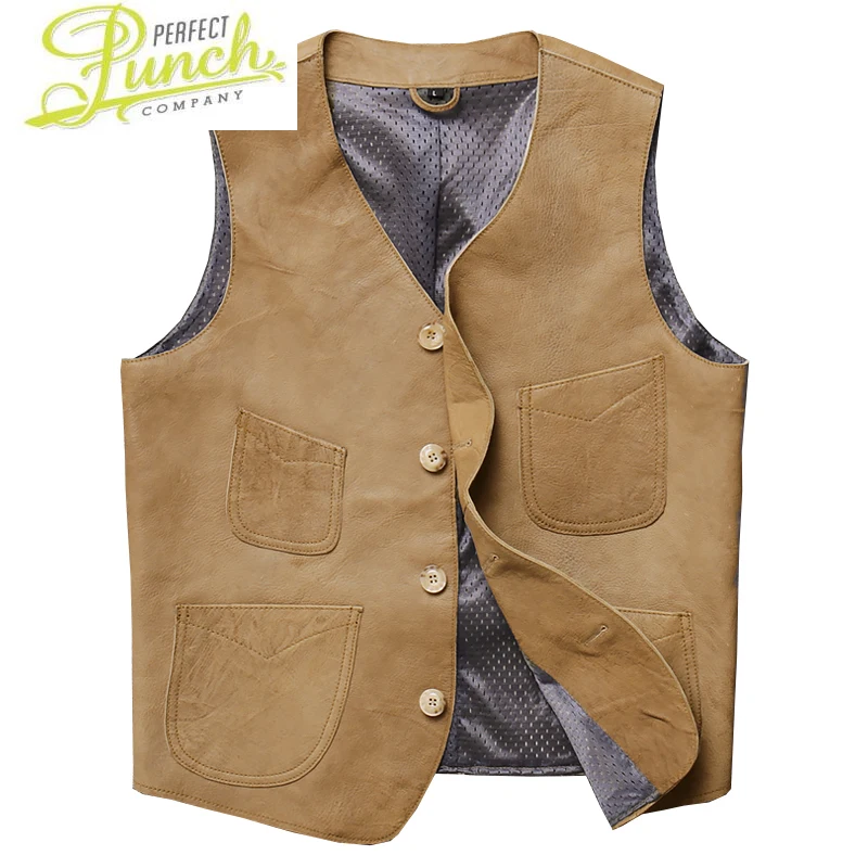 

Genuine New Stylish Vests Men Real Sheep Skin Motorcycle Leather Waistcoats Brown Casual Pockets Male Biker Gilet