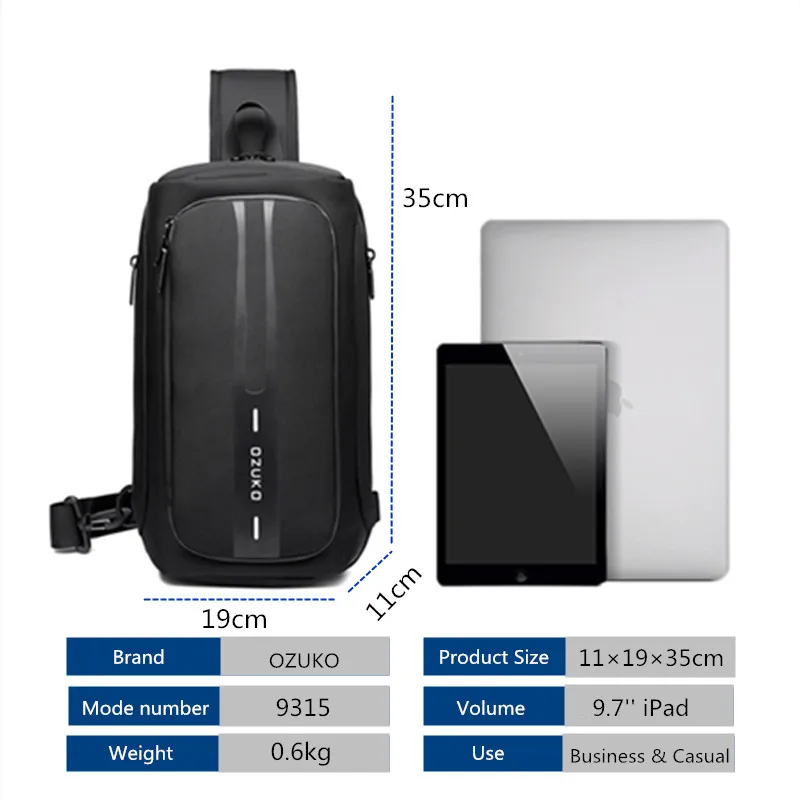 OZUKO Multifunction Men Chest Bag Anti-theft Male Sling Bags Waterproof Crossbody Messenger Bag USB Charging Outdoor Chest Pack