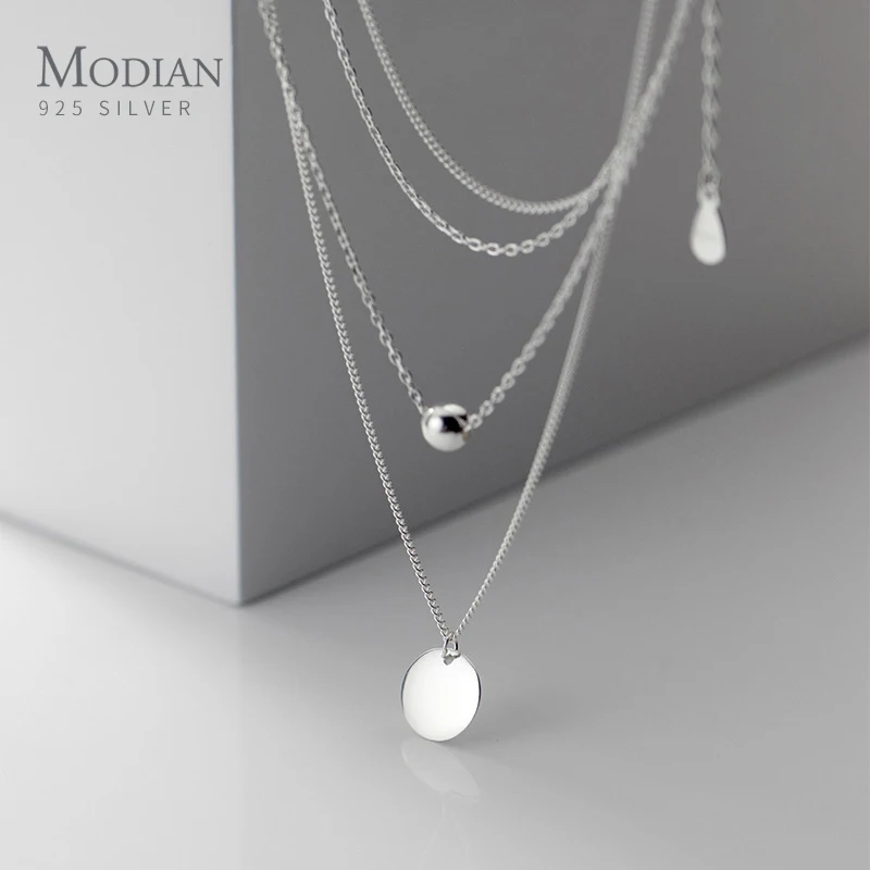 Modian Simple Design Beads Ball Coin 925 Sterling Silver Pendant for Women Girl Double Layer Basic Chain Necklace Fine Jewelry