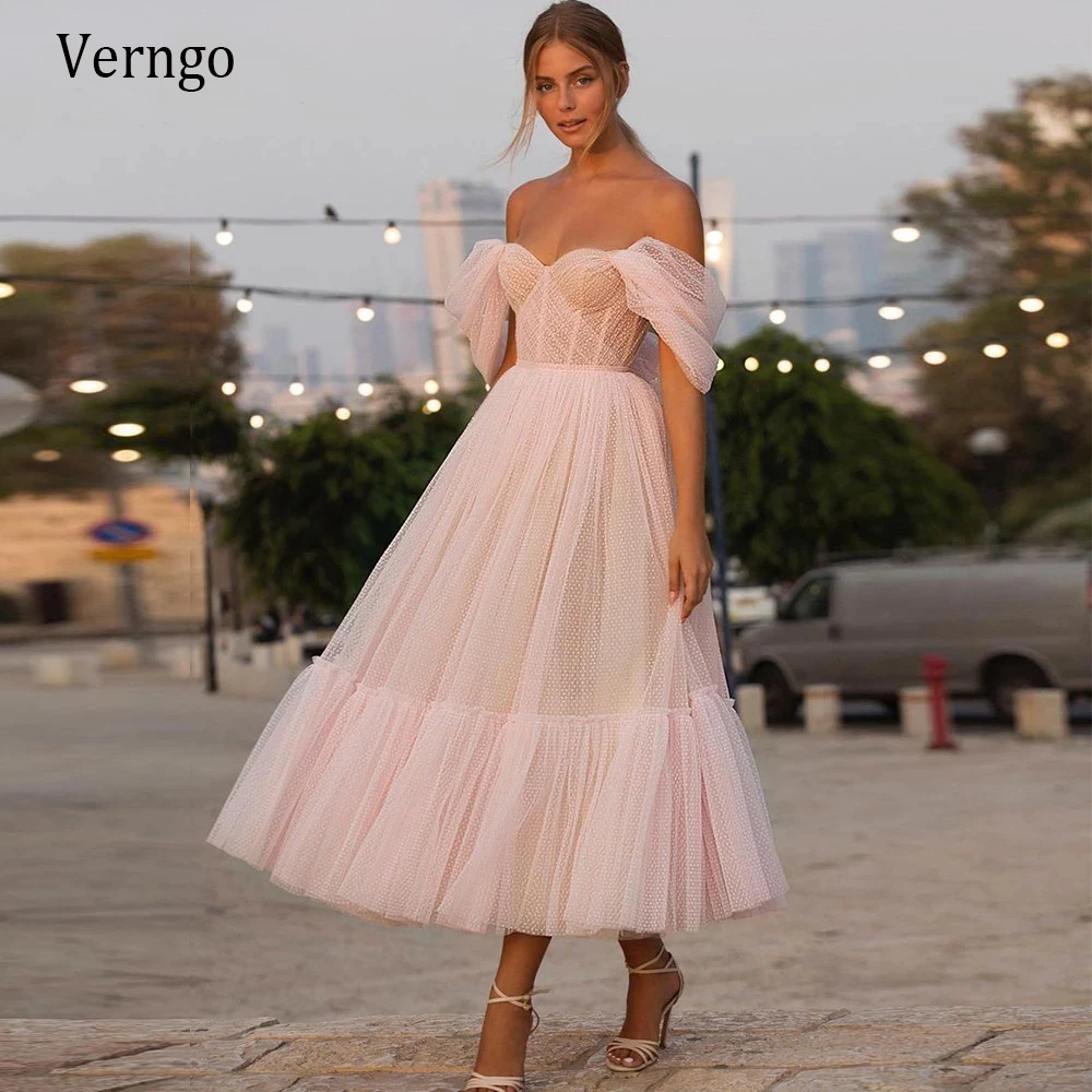 Verngo Off the Shoulder Pink Dot Tulle Prom Dress, querida mangas curtas, vestidos de noite, chá de comprimento, vestidos de festa, 2021