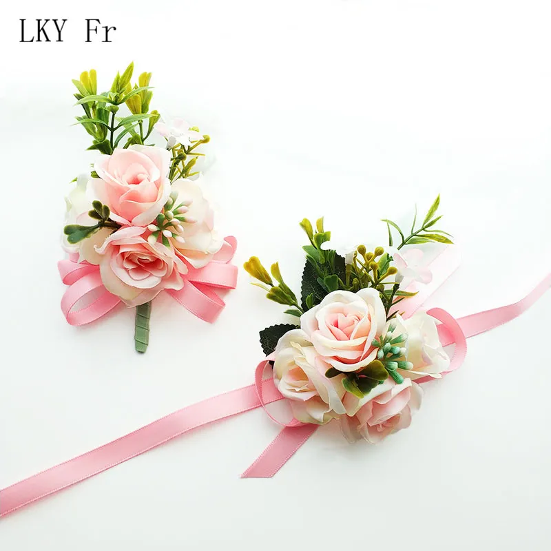 Lky Fr Wedding Boutonniere Bruidegom Broche Bloemen Kunstmatige Rozen Armband Voor Bruid Corsage Pinnen Huwelijk Bruiloft Mannen Knoopsgat