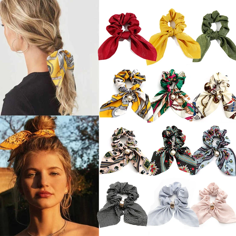 

Simulation Pearl Bow Scrunchies For Women Hair Accessories Fashion Elastic Hair Bands Scarf Ribbon Tied Ponytail Holder Headwear