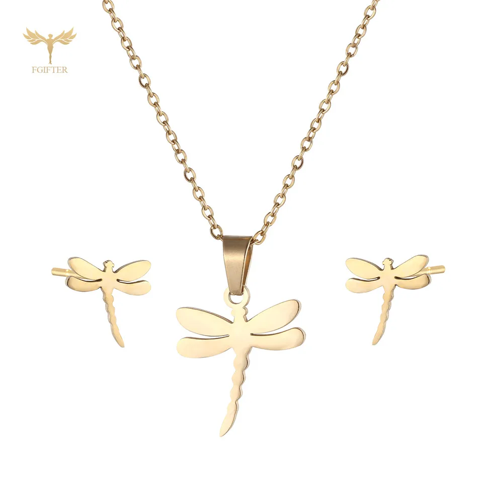 Cute Animal Dragonfly Stud Earrings Necklace For Women And Girls Necklace  Earrings Fashion Golden Stainless Steel Jewelry Set