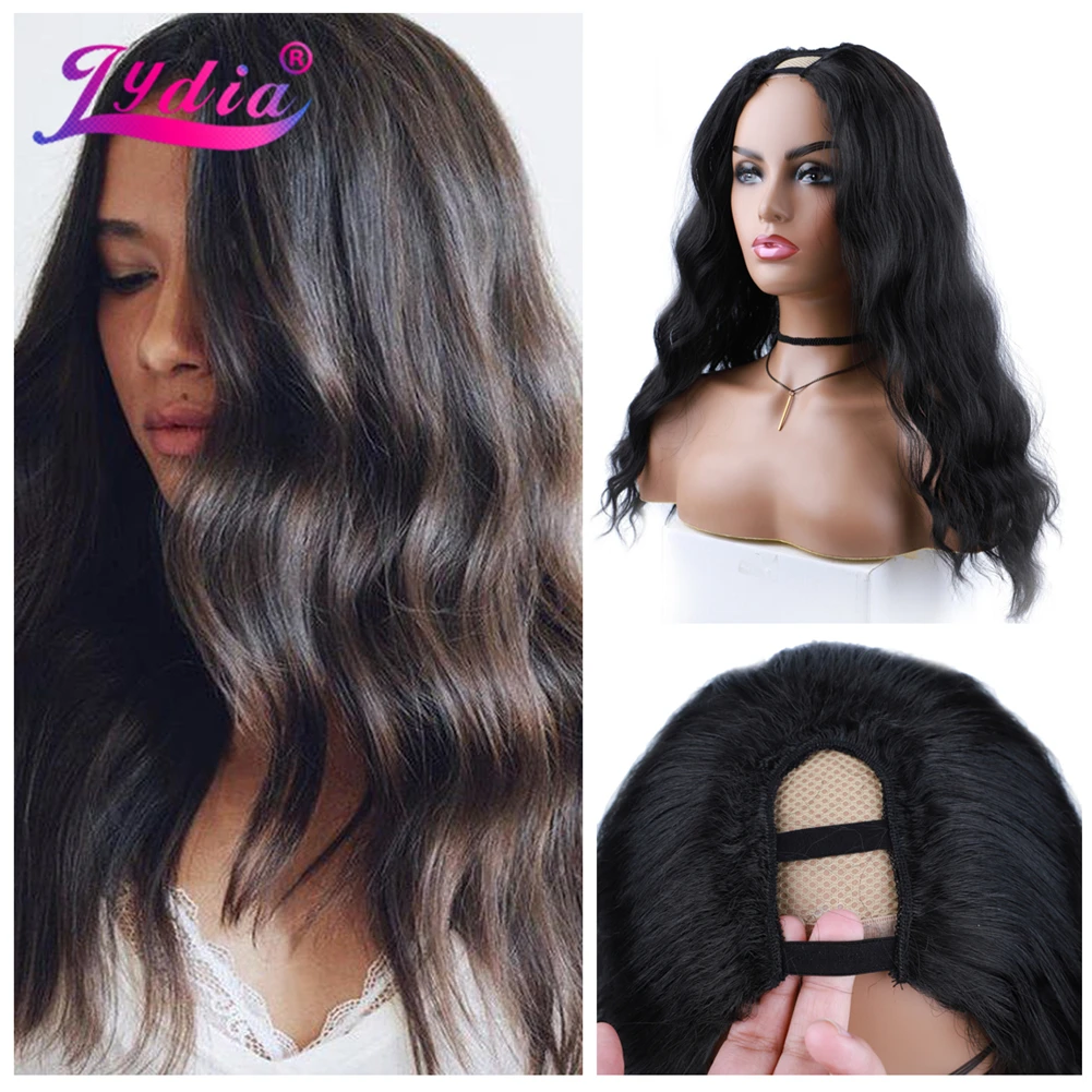 Lydia Long Wave U Teil schwarze Farbe Haar Perücke hitze beständige synthetische 22 Zoll für Frauen Damen lockige 60cm tägliche Perücken – Detail 2