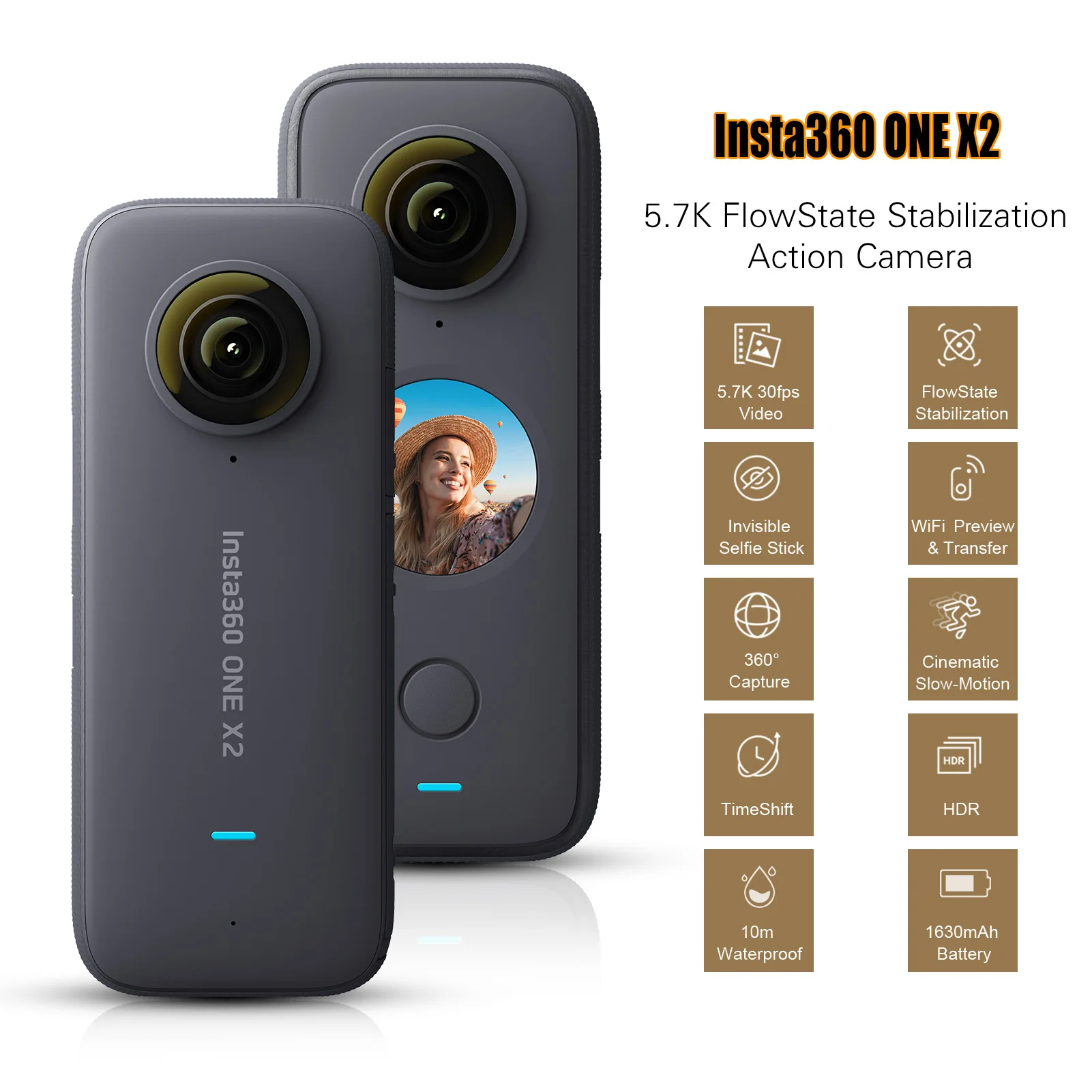 Insta360 ONE X2 VR Camera 5.7K HD Panoramic Dual Lens H.265 Encoding 4-MIC Audio Waterproof FlowState Stabilization for RC Drone