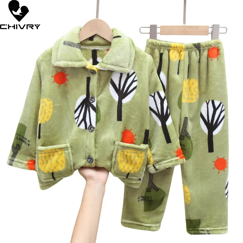 New 2021 Kids Boys Girls Autumn Winter Flannel Pajama Sets Cute Cartoon Long Sleeve Lapel Tops with Pants Sleeping Clothing Sets