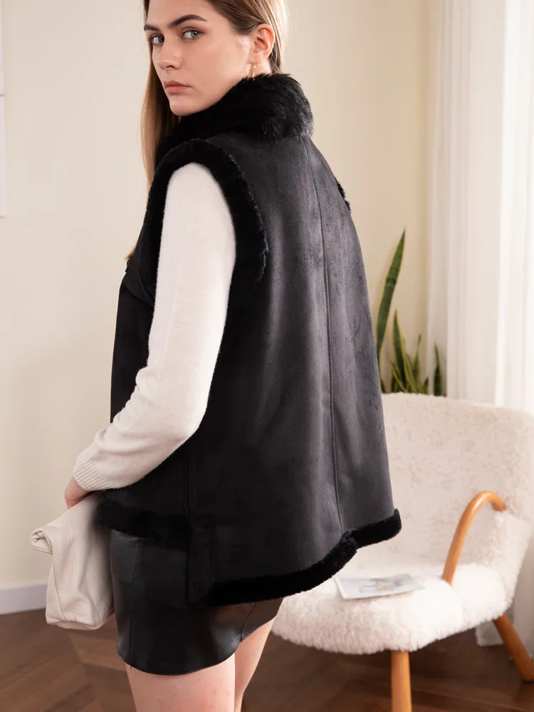 Gilet sans manches noir à col en fausse fourrure pour femme, gilet en fausse laine d'agneau, à la mode, Simple, couture, automne et hiver