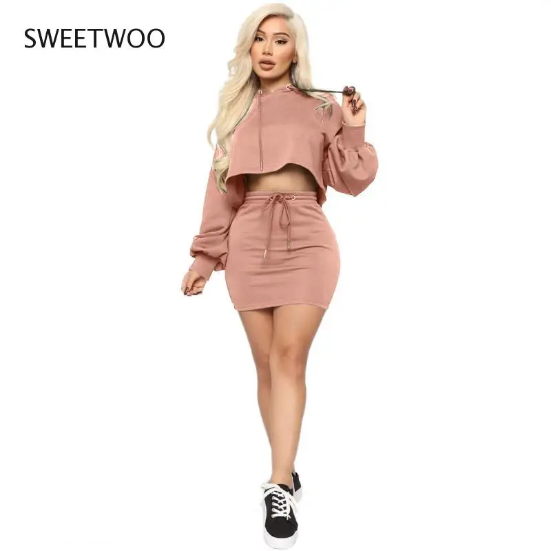 

Women's Tracksuit Suit Sexy Hooded Bandage Pure Color Skirt Suit Sportswear Jogging Wear 2 Piece Set