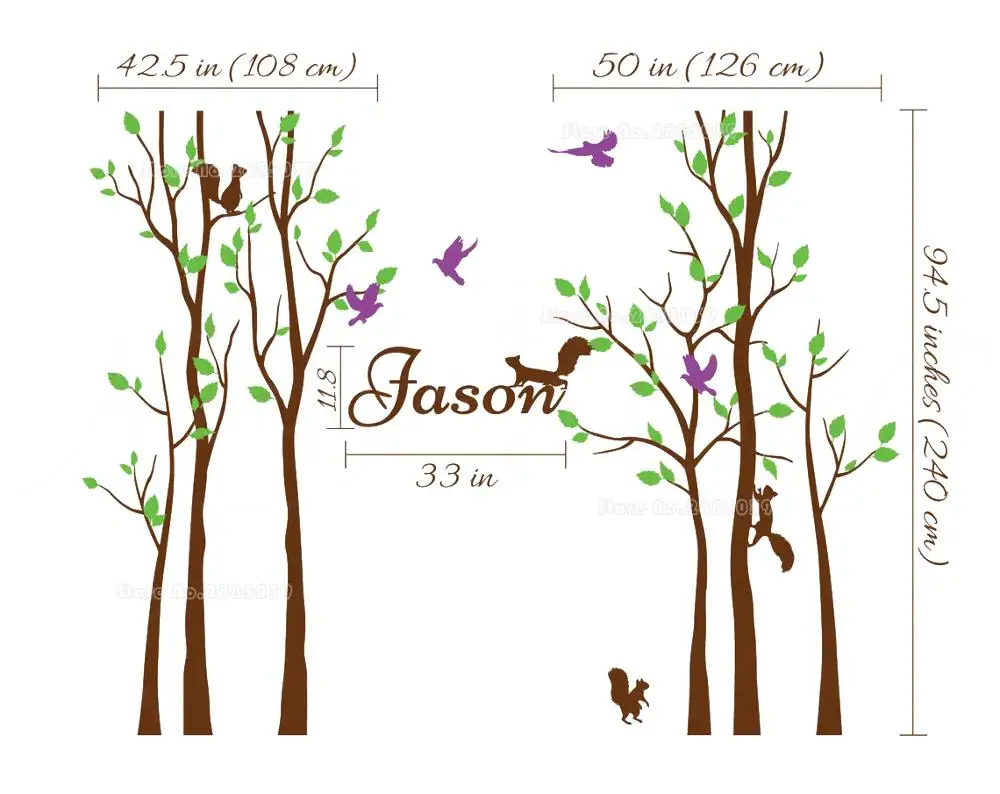 Large Tree Wall Stickers Set With Trees Wall Decals With Custom Name And Squirrels Birds Nursery Wall Art Mural Stickers LL2148