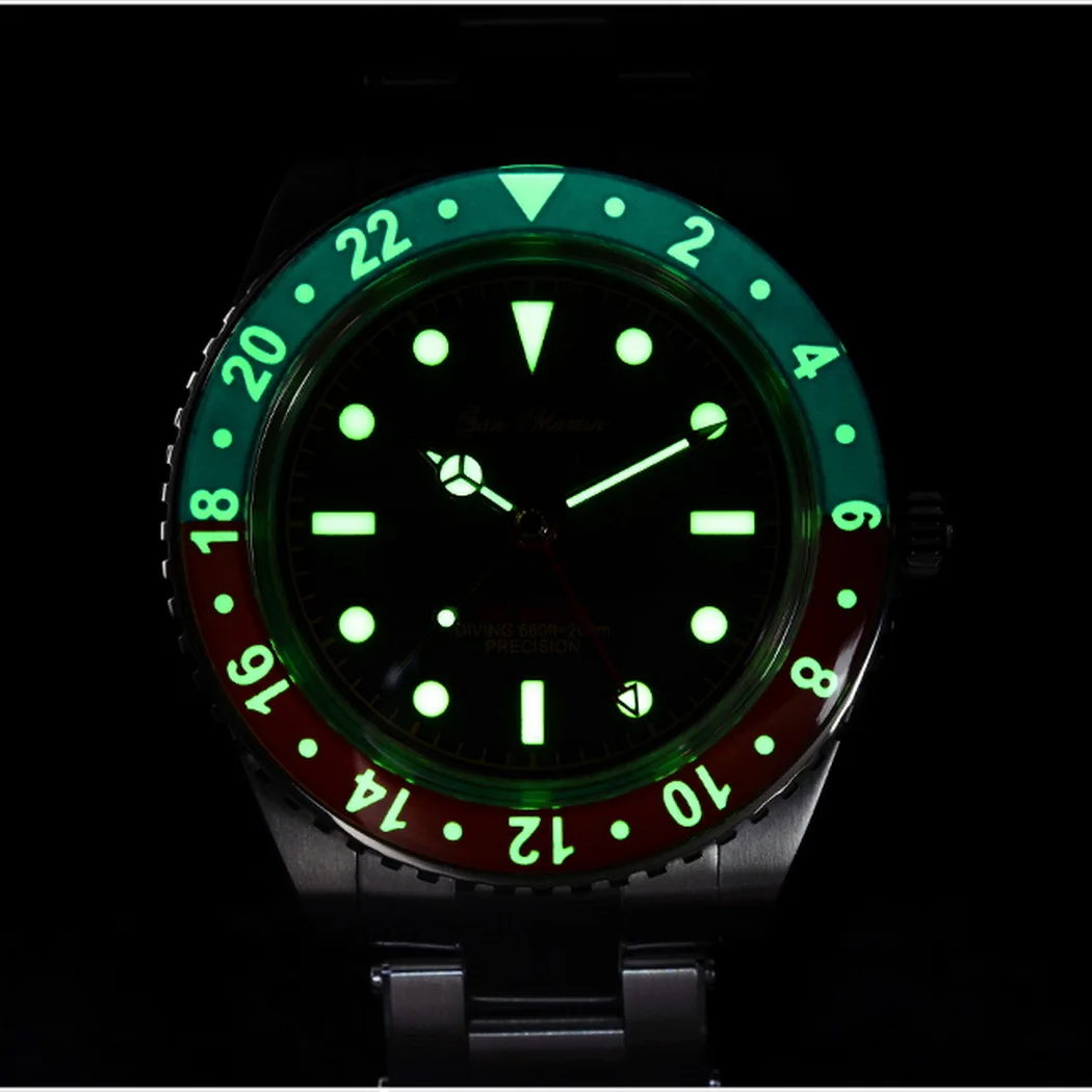 San Martin Jam Tangan Penyelam Pria, Jam Tangan Otomatis Pria Jam Tangan Mekanis Hantu Air Retro GMT Mewah 200M Kedap Air Bercahaya