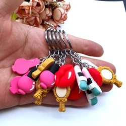 New Fashion Red Lips Lipstick Mirror Nail Polish Beautician Keychain Jewelry
