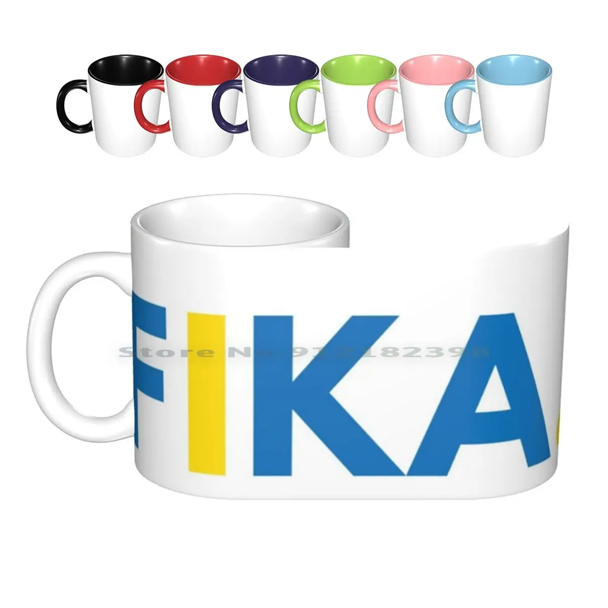 Fika Ceramic Mugs Coffee Cups Milk Tea Mug Fika Swedish Sweden Sverige Blue Yellow Typography Coffee Svensk Hygge Relax Social