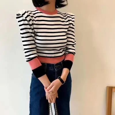 Korean Striped Color-blocked Knitted Sweaters Pullovers 2024 Autumn Winter Long Sleeve O-neck Tops Casual Fashion Ladies Jumpers