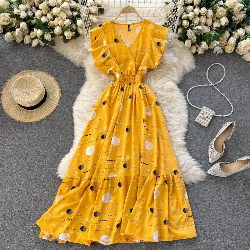 Gaun Pesta Sifon Lengan Ruffle Kerah V Floral 2021 Gaun Midi Gambar Cetak Pinggang Elastis Lengan Pendek Musim Panas Gaun Maxi Pantai Boho