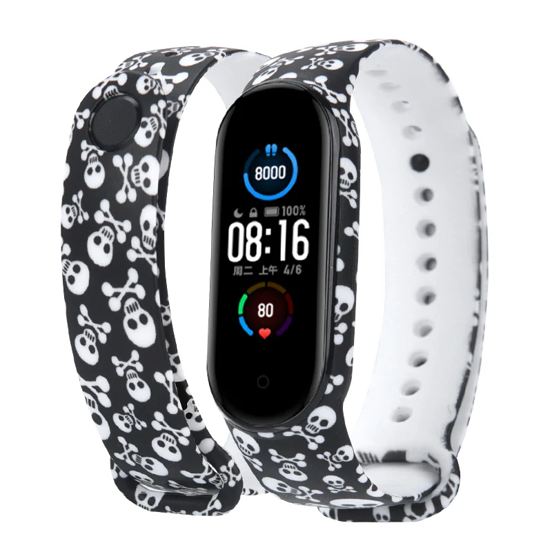 for xiaomi mi band 3 4 5 6 Wristband Soft Silicone sport Strap Skull Creative graffiti style Mi band 5 6 Strap replacement