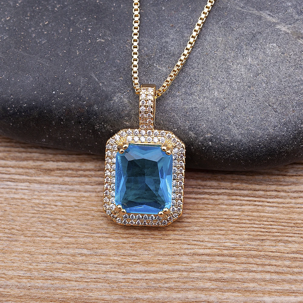 Top Quality Austrian Crystal Big Geometric Rectangle Pendant Necklaces For Women 5 Colors Stone Zircon Party Wedding Jewelry