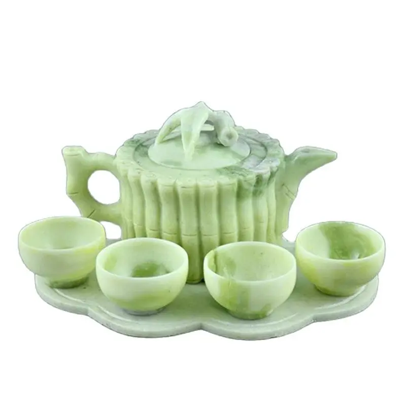 China Lantian Jade Carved, Bamboo Bundle Teapot  Four Cups, Of  Kung Fu tea set