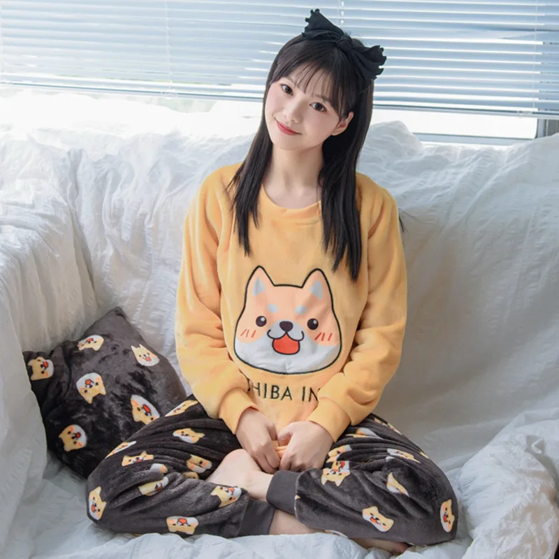 Autumn and winter thick warm flannel pajamas women's long sleeves cute cartoon ladies home service suit a variety of styles