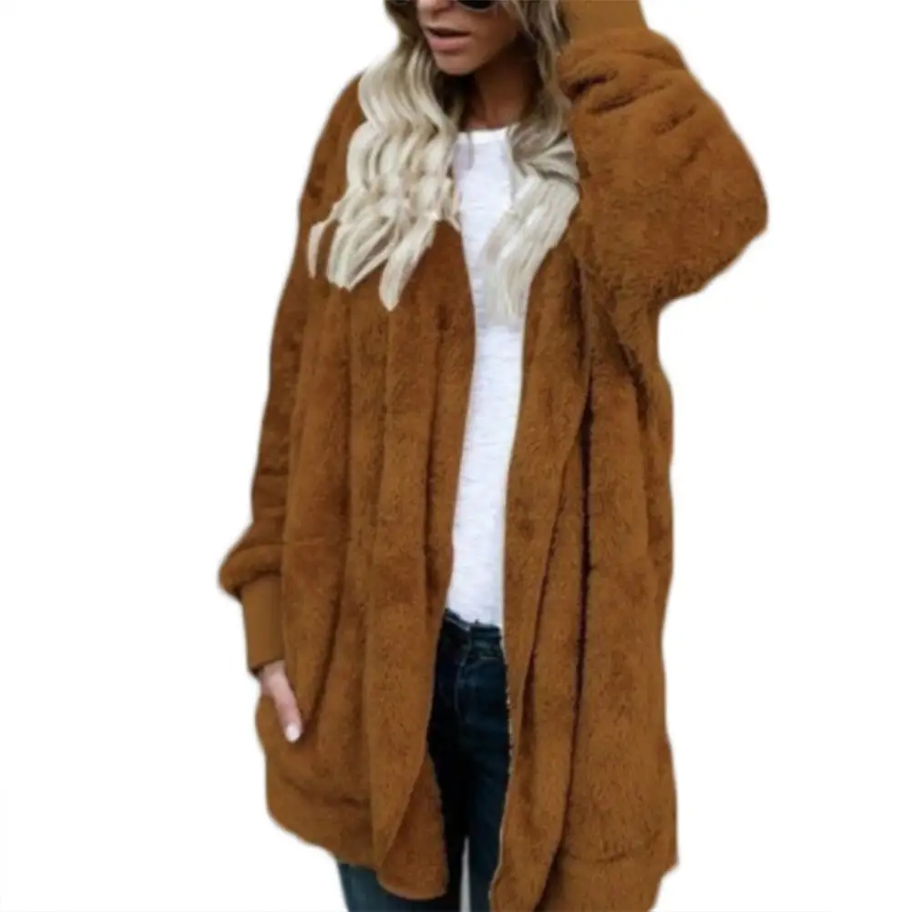 Loose Winter Women Solid Color Plush Faux Fur Warm Long Sleeve Hooded Female Jacket Midi Coat Cardigan 4 Colors